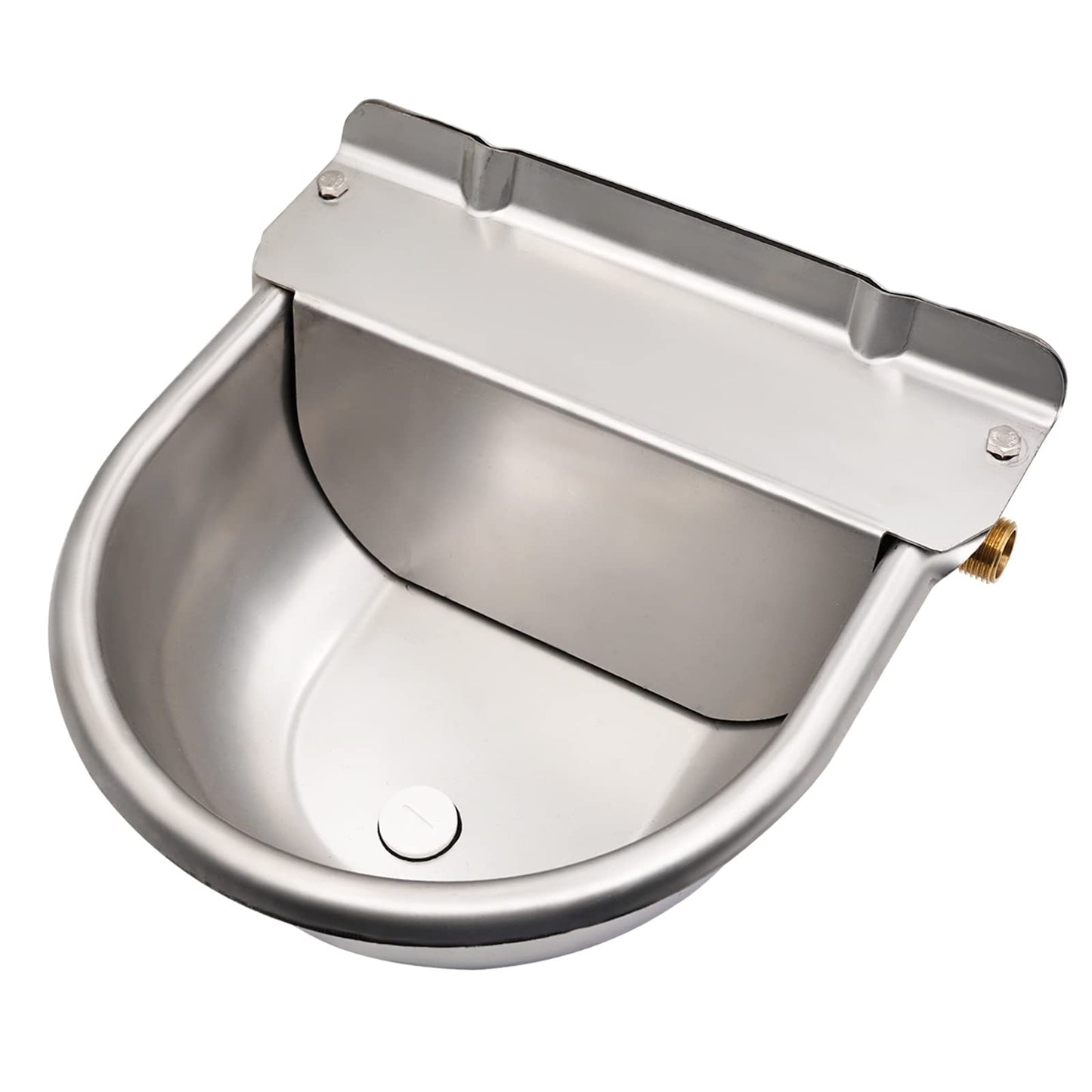 Automatic drinker basin made of stainless steel with 1/2 inch adjustable brass float valve and drainage holes for horses, cows, pigs, goats, sheep, and dog drinkers.