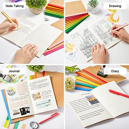 feela Notebooks with kraft paper cover, lined, blank, travel journal, rainbow spine, for students, business, 60 pages, 21.1 x 14 cm, A5, 16 colors, 48 pieces
