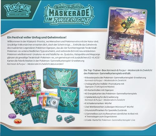 Pokémon Trading Card Game: Top Trainer Box Crimson & Purple - Masquerade in Twilight (1 full-art promo card featuring Turquoise-masked Ogrepon, 9 booster packs & premium accessories)