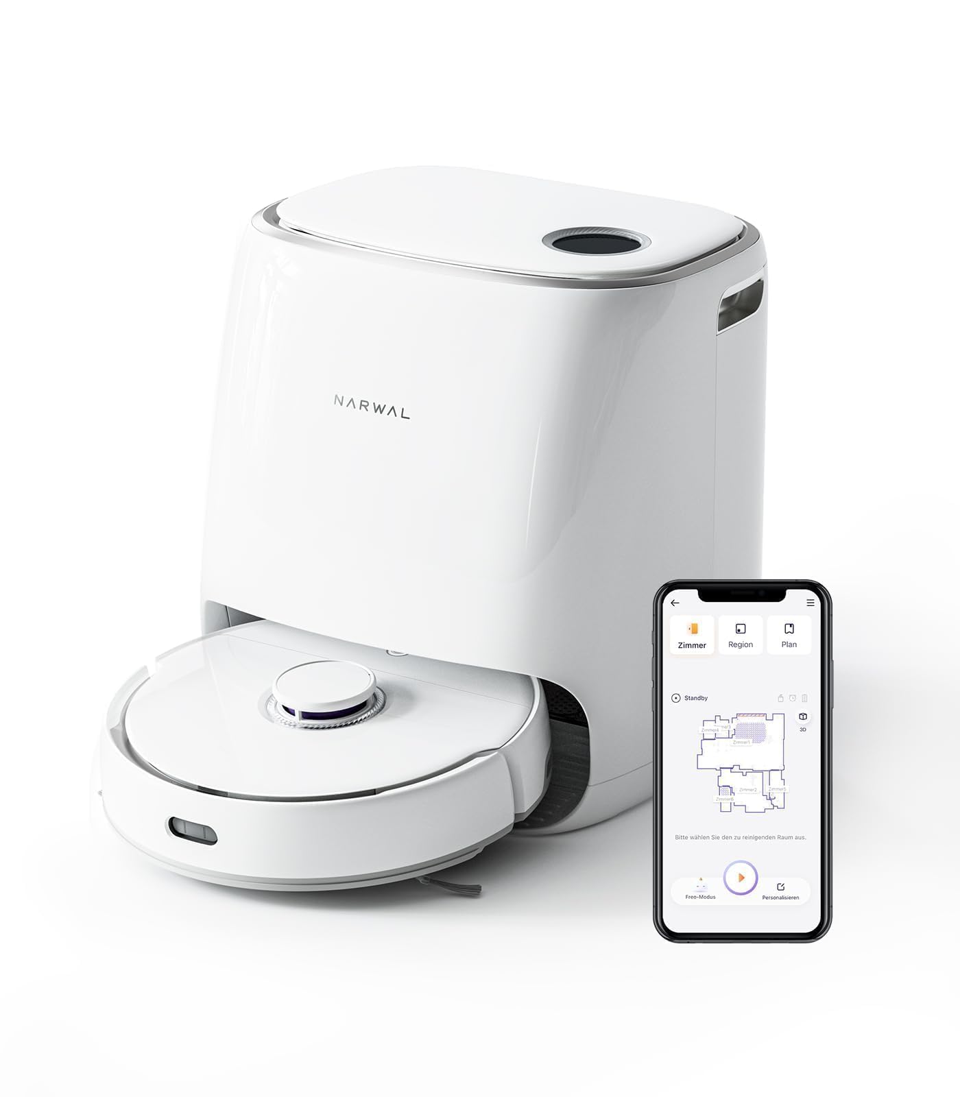 NARWAL Freo robotic vacuum cleaner with mopping function and automatic docking station (Freo mode and DirtSense dirt detection, rotating mops, Edge-Swing edge cleaning, hot air drying)