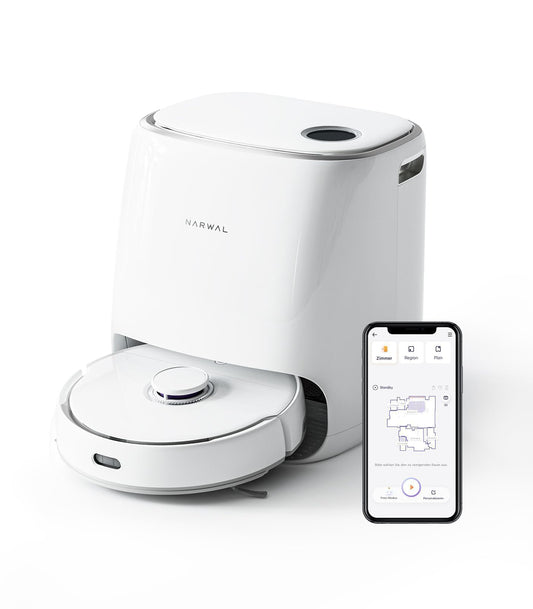 NARWAL Freo robotic vacuum cleaner with mopping function and automatic docking station (Freo mode and DirtSense dirt detection, rotating mops, Edge-Swing edge cleaning, hot air drying)