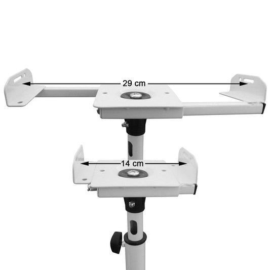 Turntable speaker stands for two white audio monitors. Height adjustable with cable channel. Model: LS-1W.