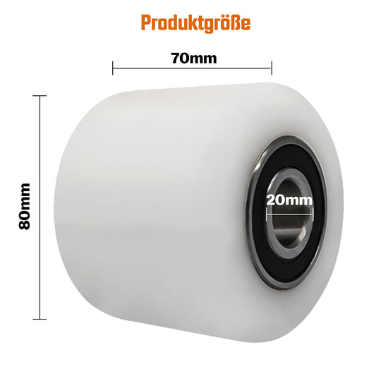 4 pieces pallet truck wheels made of polyamide nylon 80 x 70 mm, axle 20 mm including ball bearings. Wheels for pallet trucks replacement wheels, Max load 1000 KG.