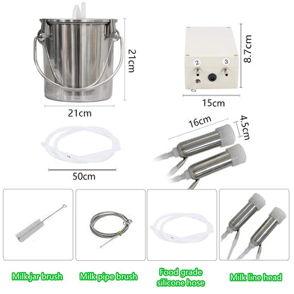 Automatic pulsating vacuum pump for milking 3.7L, portable electric milking machine for cows, goats, sheep, milking set for cattle, made of stainless steel, with vacuum milk bucket 7L for cows.