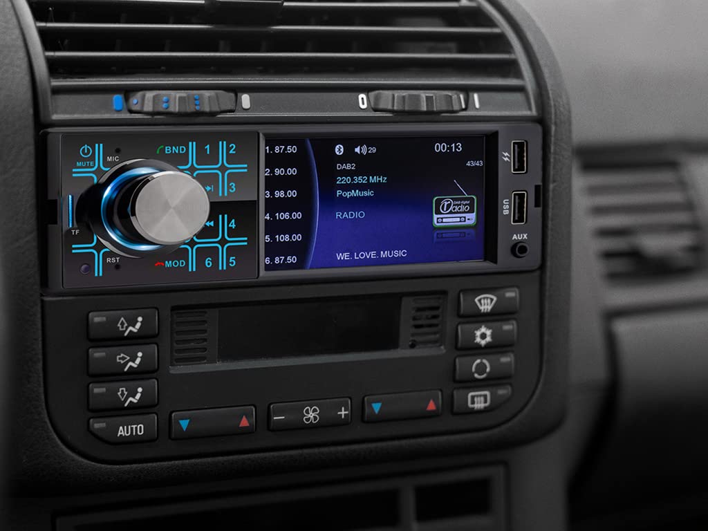 Caliber car radio with Bluetooth, AUX in, DAB, DAB Plus, FM, SD, USB, 4 inch display, rear camera input, 4x 55 watts, black, 1 Din.
