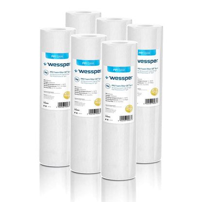 6x Wessper 10" Inch Sediment Water Filter Cartridges for Reverse Osmosis, Water Feeding Line & Particle Filtration - 5 Micron
