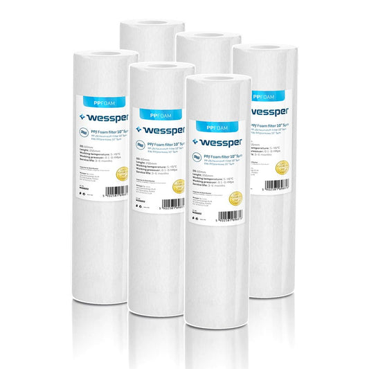 6x Wessper 10" Inch Sediment Water Filter Cartridges for Reverse Osmosis, Water Feeding Line & Particle Filtration - 5 Micron