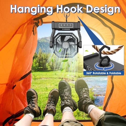 COZII 20000mAh Camping Fan Table Fan, USB Fan Battery, 4 Speeds Portable Fan with Light Hanging Hook & Remote Control for Camping Travel Picnic BBQ Fishing Office