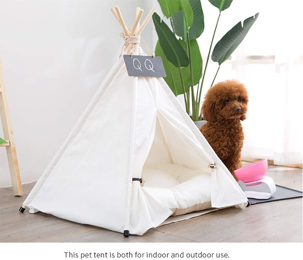Sunnykud Teepee Tent for Pets Dog Tent Cat Tent Pet Tents Houses with Cushion Removable and Washable Pet Bed Foldable Pet Dog Bed Cat Bed (L:60x60x70cm, white)