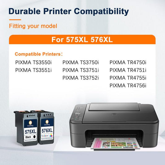 ColorKing PG-575 CL-576 XL replacement for Canon printer cartridges 575 576 XL PG-575XL CL-576XL for Canon PIXMA TS3550i TS3551i TS3750i TS3751i TS3752i TR4750i TR4751i TR4755i TR4756i (1 black, 1 color)
