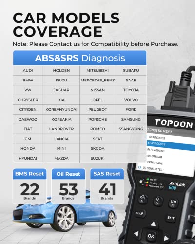 TOPDON OBD2 diagnostic tool with oil reset, BMS, SAS, car diagnostic tool for all vehicles for ABS and SRS system diagnosis, active test, lifetime free updates. Runs on batteries, black.