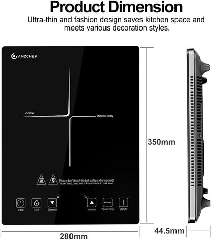 Induction cooktop 1 burner, AMZCHEF induction hot plate with ultra-thin design, 20 temperature levels and 20 power settings, 2000W induction cooktop with 3-hour timer, safety lock.