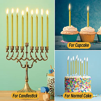 DONQL Birthday Candles, tall cake candles, long birthday candles, thin cupcake candles with holders for birthday cake, baby shower, cakes, wedding, party decoration (24 pieces, gold)