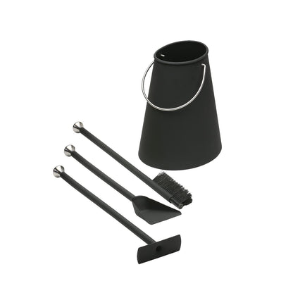 Morsø Ellipse Fireplace Tool Set - high-quality designer fireplace set, 4-piece set with shovel, brush, fire poker/blowpipe & bucket, black