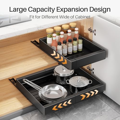 SAYZH Telescopic Drawer, Pull-Out Drawer Kitchen, Kitchen Cabinet Organizer for Kitchen Cabinets, Drawer Organizer, No Tools Required (Black, 30-50 cm W x 53 cm D x 5.8 cm H)