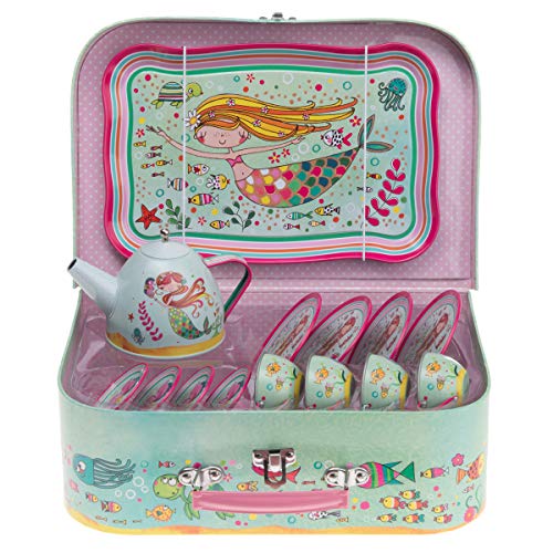Jewelkeeper - Tin Tea Set for Girls & Carry Case, Kids Pretend Play Kitchen Toy Set, 15 Pieces - Mermaid Design