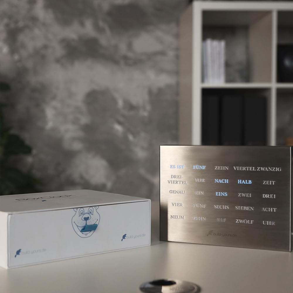 build-your-own BoxClock Stainless Steel - The word clock for your desk - LED desk clock - Elegant office clock made of brushed stainless steel