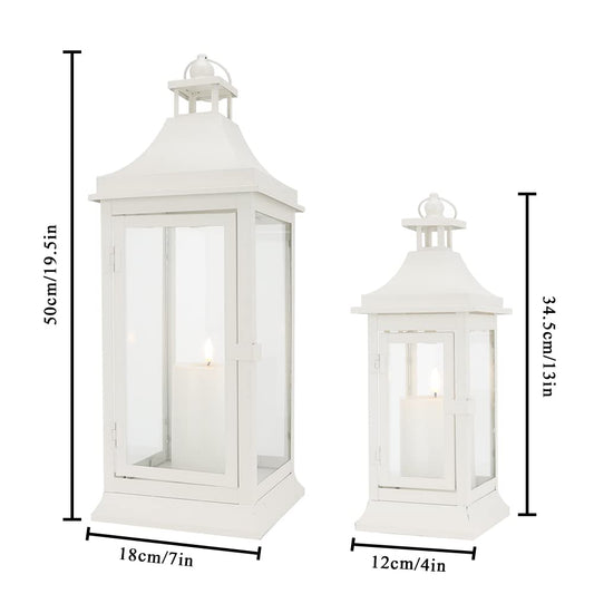 JHY DESIGN Set of 2 Outdoor Candle Lanterns 50cm & 33cm high Vintage Hanging Tower Lantern Metal Candle Holder for Garden Living Room Indoor Outdoor Parties Weddings Balcony (white)
