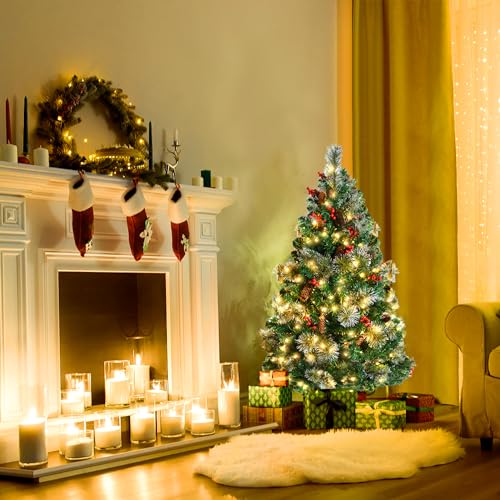 FIVMEN Artificial Christmas Tree with Lights 120 cm PVC Faux Christmas Tree with 180 LEDs and Stand Fake Christmas Trees Christmas Decorations, with Pine Cones and Berries