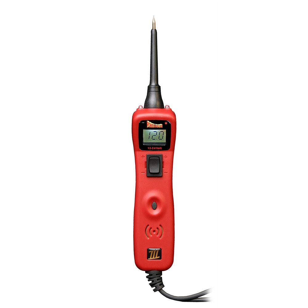 Power Probe 3 circuit tester for automotive electrical systems. A must-have tool for car mechanics and workshops. 12-24V digital multimeter. Activates components by providing power and ground. PP3CSRED.
