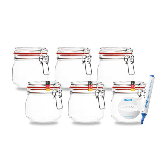 Bottle maker - 6-piece set of 634ml wire bail jars, suitable for canning and fermenting, for storage, filling, wire bail jars including labels - Made in Germany