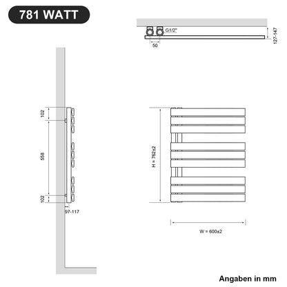 SONNI flat towel radiator 762 x 600 mm in white with side connection panel. 781W towel warmer.
