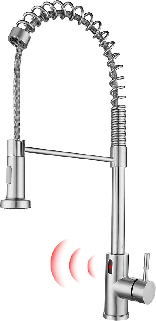 Touchless kitchen sink faucet with pull down spring, automatic sensor mixer in brushed nickel stainless steel.