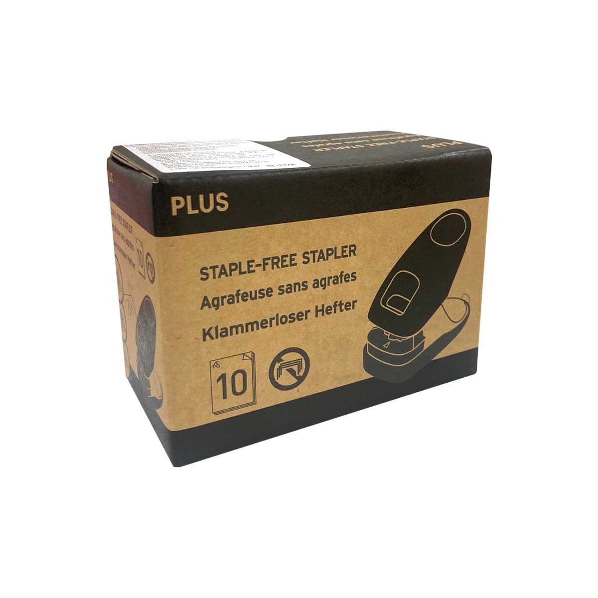 PLUS, stapleless stapler for desktop use, staples up to 10 sheets, with paper guide, stapling and hole punching capabilities, black