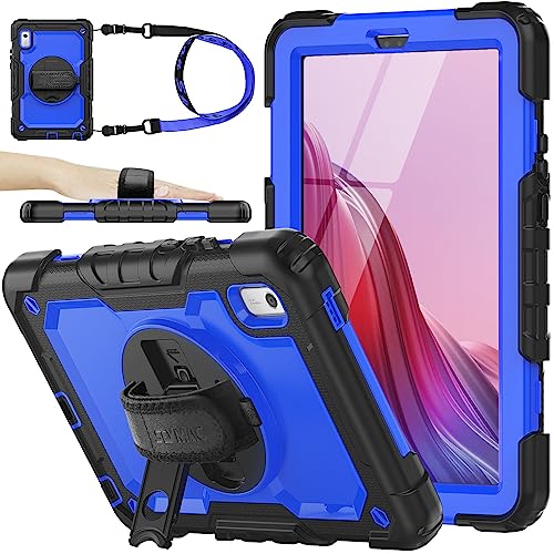 SEYMAC Case for Lenovo Tab M9 2023 9 Inch (TB-310FU), Shockproof Rugged Case with Screen Protector, Pencil Holder, 360° Rotatable Stand, and Hand Strap for Lenovo Tab M9 (Blue)
