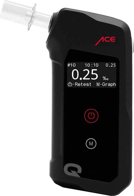 ACE Q Alcohol Tester - Breathalyzer with memory and OLED display - police-calibrated accuracy - Alcohol tester for car and parties.