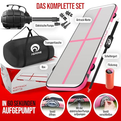 AERONE Airtrack Inflatable Tumbling Mat | Air Tracking Mat 3m [Includes Shoulder Strap, Carrying Bag, Air Pump] Air Track for Gymnastics at Home, Outdoors, or Pool | Pink