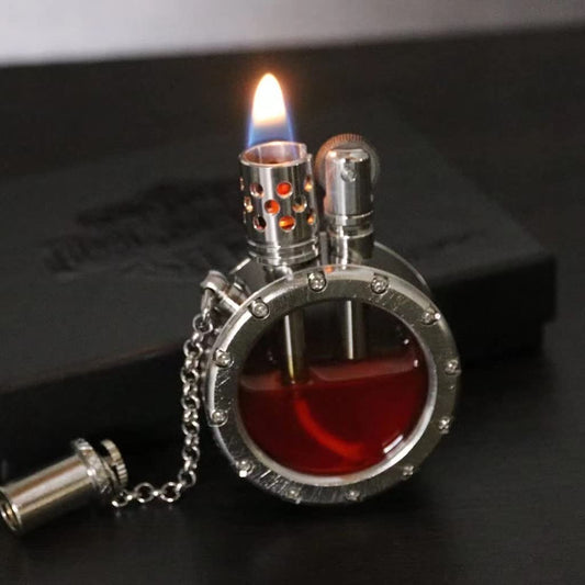 Handcrafted pure copper gasoline lighter quartz visible transparent oil tank lighters portable round vintage antique collection gift for men (Color: Silver)