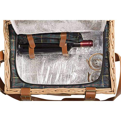 Les Jardins de la Comtesse - Picnic Basket Trianon Green - Leather Straps - Complete for 2 People - Cooler Compartment - Ceramic Plates and Wine Glasses - 40 x 30 x 23 cm