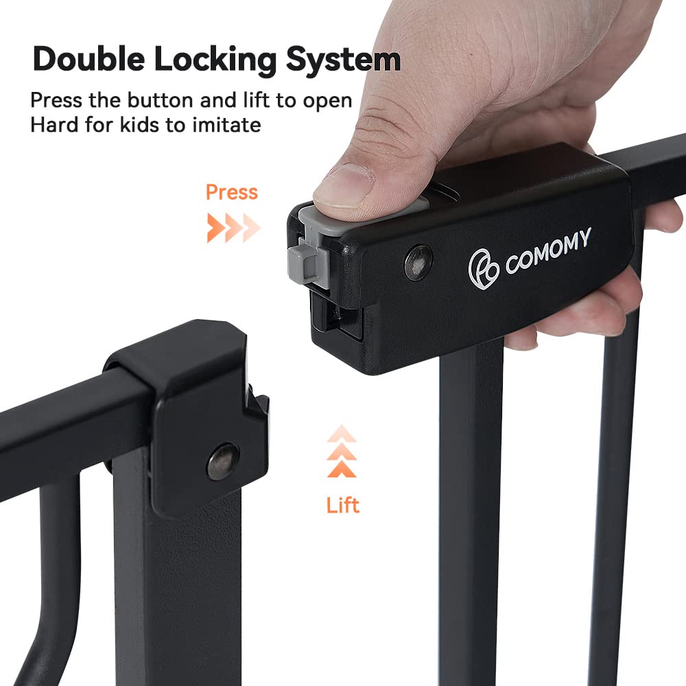 COMOMY Baby Safety Gate, Stair Gate No Drill, fits 75-123cm, Auto Close, One-Hand Operation, Double Lock, Anti-Pinch Pivot Design, Black