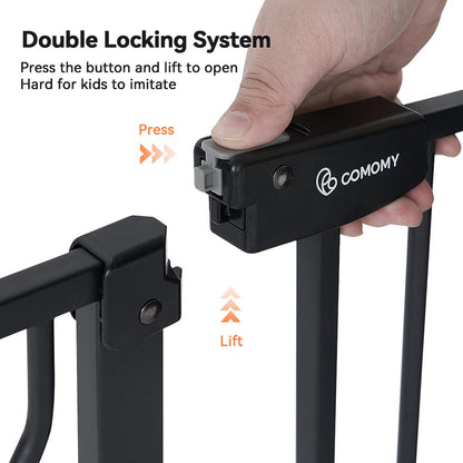 COMOMY Baby Safety Gate, Stair Gate No Drill, fits 75-123cm, Auto Close, One-Hand Operation, Double Lock, Anti-Pinch Pivot Design, Black