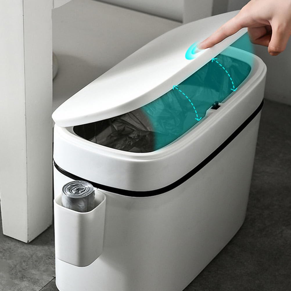 LIFKOME Bathroom Trash Can, 14L Bathroom Trash Can with Lid, Slim Narrow Bedroom Trash Can, Trash Can Press-Type Lid, Waste Bin for Kitchen, Bathroom, Living Room, Office