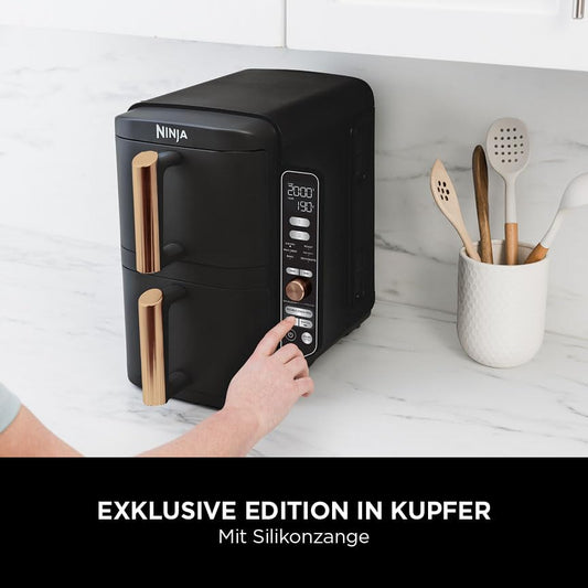 Ninja Double Stack XL Air Fryer, 2 vertical drawers, 4 cooking levels, space-saving design, 9.5L capacity, 6 functions, 8 portions, tongs, Black/Copper SL400EUCP