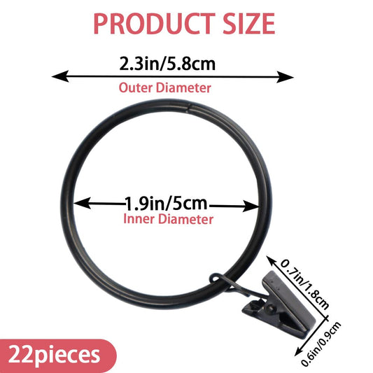 40 large metal curtain rings, curtain clips, durable, rustproof, with rings, 5 cm inner diameter, for curtain rods, clips, hooks, black (40 pieces)