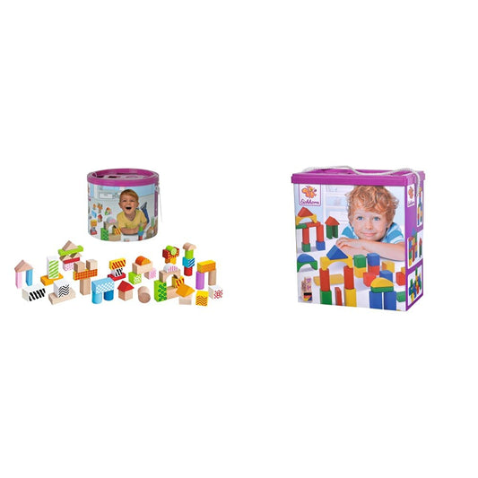 Squirrel - Colorful wooden building blocks - 50 pieces in box, blocks with printing, made of birch wood & 100 colorful wooden building blocks in storage box with cord and sorting lid