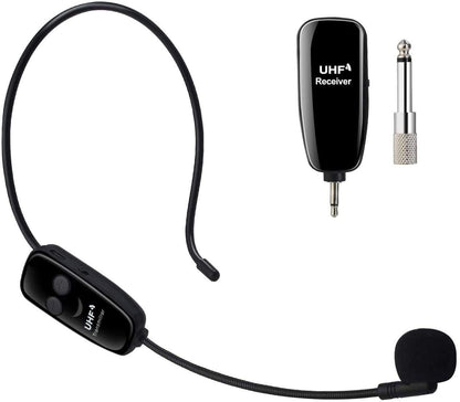 Wireless UHF microphone, Professional rechargeable wireless microphone headsets voice amplifier head mounted microphone voice amplifier with receiver.
