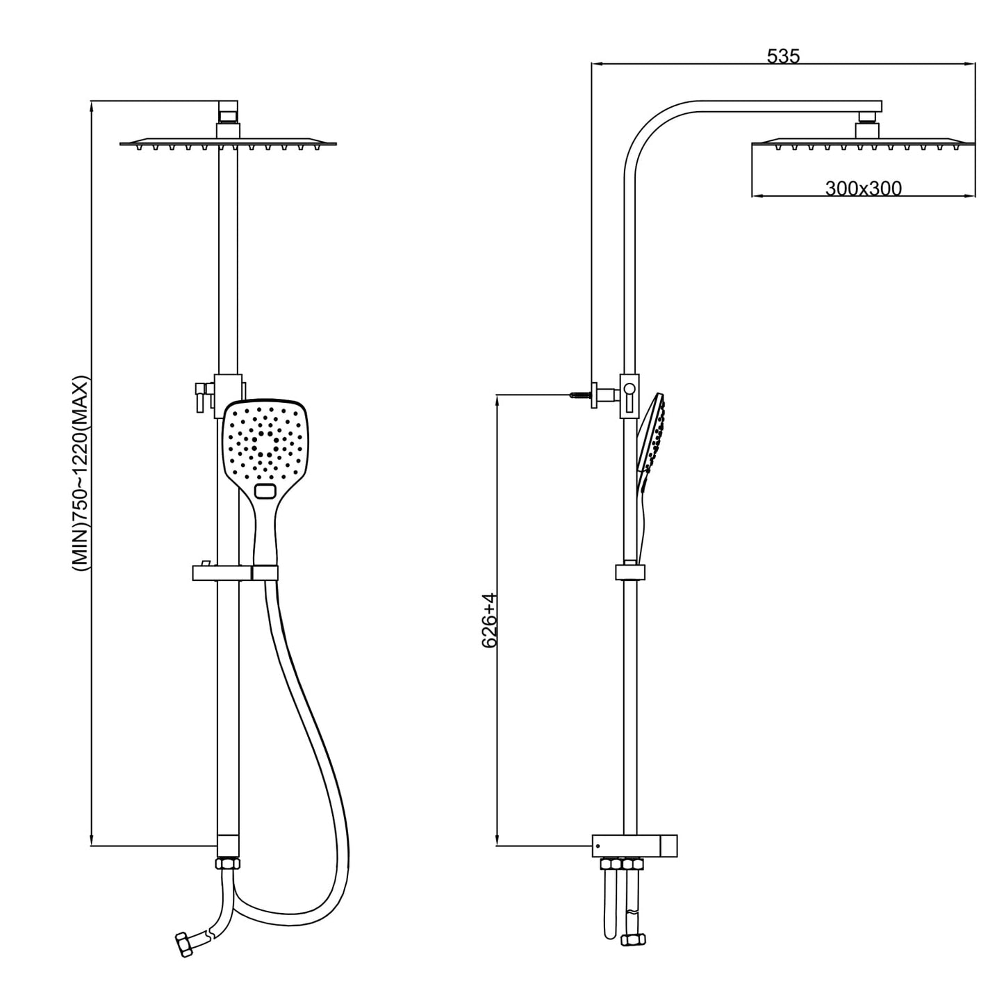 KOMIRO shower system without faucet, rain shower without faucet, shower set with 30x30cm shower head, hand shower with 3 spray modes, stainless steel height-adjustable shower bar, square.
