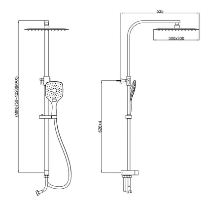 KOMIRO shower system without faucet, rain shower without faucet, shower set with 30x30cm shower head, hand shower with 3 spray modes, stainless steel height-adjustable shower bar, square.