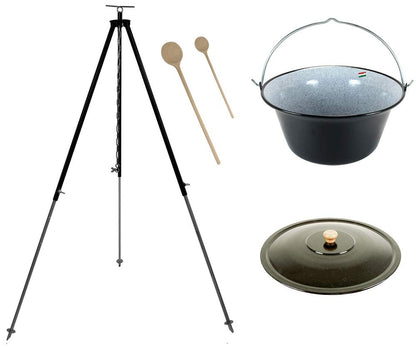 Grillplanet® set 22 L goulash kettle with tripod black 1.80 m and lid (22-liter original Hungarian goulash pot fire pot kettle goulash pot fire kettle cooking kettle mulled wine kettle soup pot kettle)