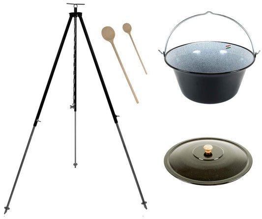 Grillplanet® set 22 L goulash kettle with tripod black 1.80 m and lid (22-liter original Hungarian goulash pot fire pot kettle goulash pot fire kettle cooking kettle mulled wine kettle soup pot kettle)