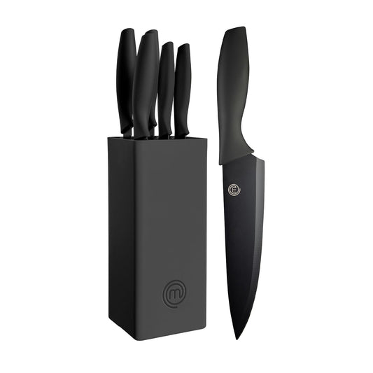 MasterChef knife block with cake knife set including Santoku knife, bread knife, chef's knife, vegetable knife, and utility knife. Made of stainless steel, sharp, 5 pieces, black, with soft-touch handles.