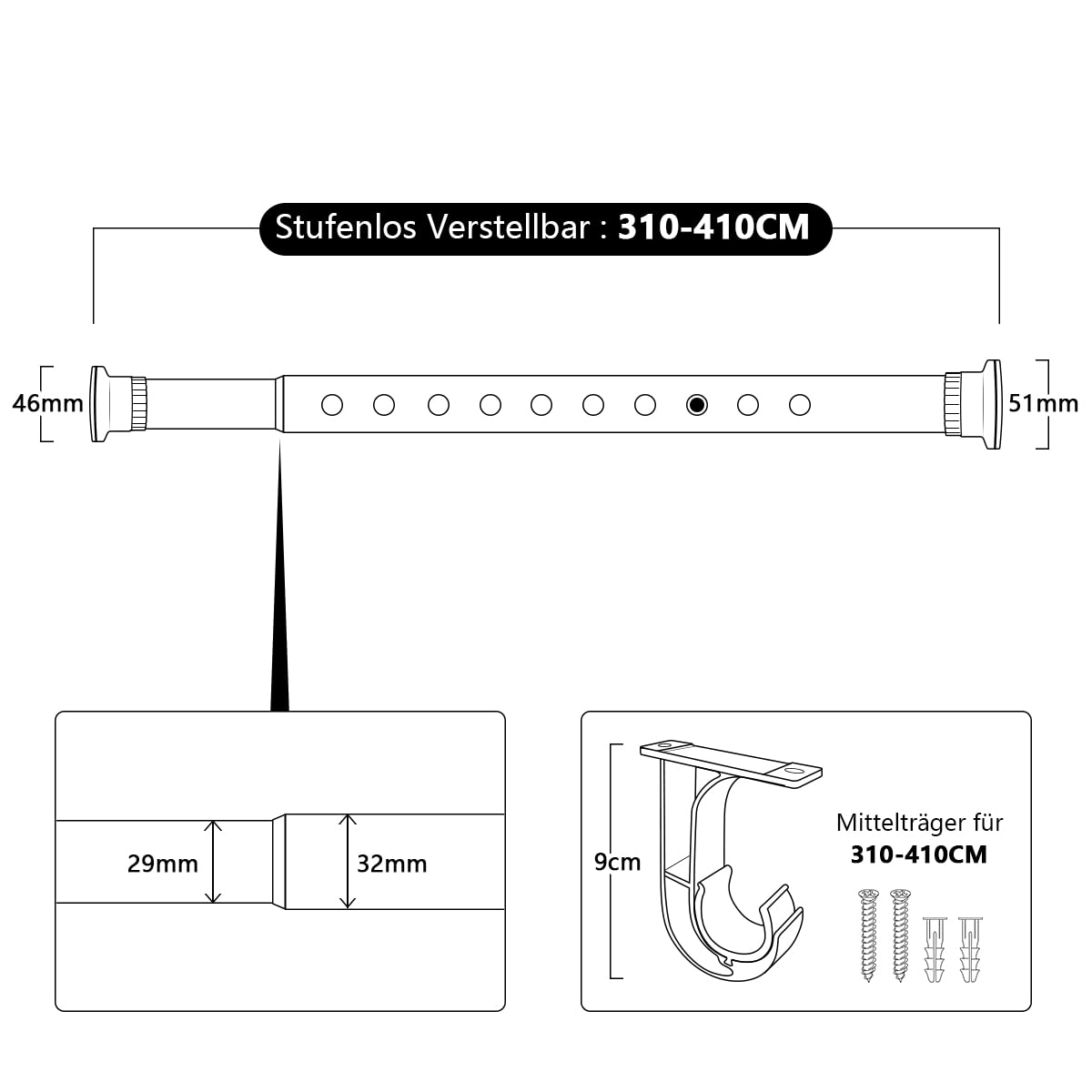 Telescopic pole, 310-410cm, black, clamp rod for curtains and room dividers, retractable curtain rod, tension rod