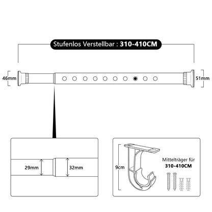 Telescopic pole, 310-410cm, black, clamp rod for curtains and room dividers, retractable curtain rod, tension rod