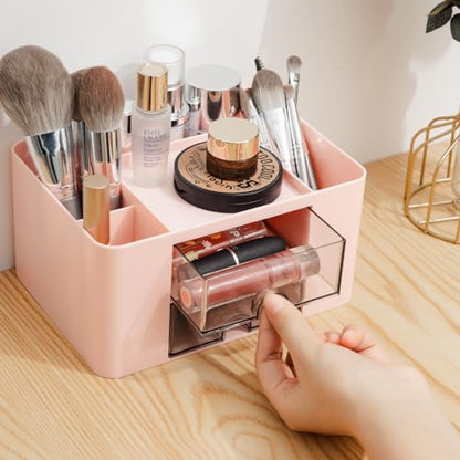 RISEMART desk organizer with 2 drawers, pencil holder, large capacity, stationery storage box for school, office, home, makeup, desk accessories, pink