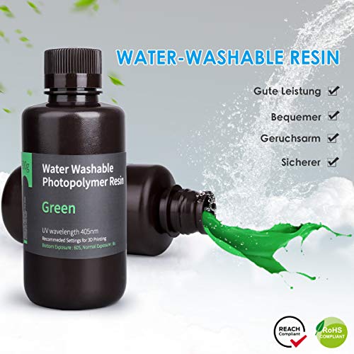 ELEGOO Water Washable 3D Printer Resin LCD UV Curing Resin 405nm Photopolymer Resin for LCD 3D Printing Clear Green 500g