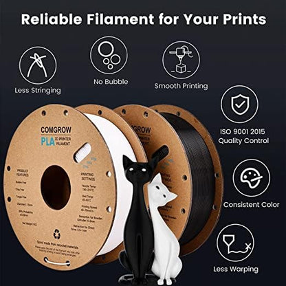 PLA 3D Printer Filament, 1.75mm PLA Filament for 3D Printer, +/- 0.02 mm Dimensional Accuracy, 1KG Spool in Black and White.